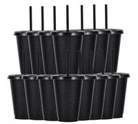 Yisituo 480ml Reusable Plastic Cups, 15 Pack of Kids Tumbler with Lid and Straw, for Cold Drinks, Iced Coffee, Travel and Smoothies (15, Glitter Black)