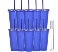 Yisituo 710ml Reusable Plastic Cups, 10 Pack Cold Cups with Lid and Straw, Tumblers Travel Mugs for Adults and Madam Party and Beach, Pool Gatherings (10, Blue)