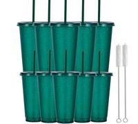 Yisituo 710ml Reusable Plastic Cups, 10 Pack Cold Cups with Lid and Straw, Tumblers Travel Mugs for Adults and Madam Party and Beach, Pool Gatherings (10, Glitter Dark Green)