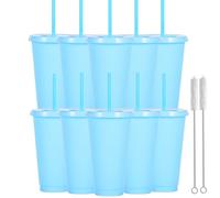 Yisituo 710ml Reusable Plastic Cups, 10 Pack Cold Cups with Lid and Straw, Tumblers Travel Mugs for Adults and Madam Party and Beach, Pool Gatherings (10, Light Blue)