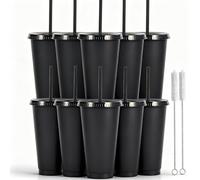 Yisituo 710ml Reusable Plastic Cups, 10 Pack Cold Cups with Lid and Straw, Tumblers Travel Mugs for Adults and Madam Party and Beach, Pool Gatherings (10, Black)
