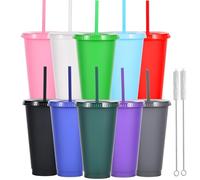 Yisituo 710ml Reusable Plastic Cups, 10 Pack Cold Cups with Lid and Straw, Tumblers Travel Mugs for Adults and Madam Party and Beach, Pool Gatherings (10, Vivid)