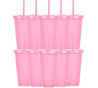 Yisituo 710ml Reusable Plastic Cups, 10 Pack Cold Cups with Lid and Straw, Tumblers Travel Mugs for Adults Party and Beach, Pool Gatherings (10, Pink)