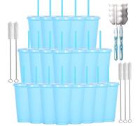 Yisituo 710ml Reusable Plastic Cups, 20 Pack Cold Cups with Lid and Straw, Tumblers Travel Mugs for Adults and Madam Party and Beach, Pool Gatherings (20, Light Blue)