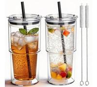 Yisituo Coffee Travel Mug, 2 Pack 480ml Reusable Plastic Cups, Drink Cups with Lids and Straws, Insulated for Hot & Cold Drinks, Car Cup Holder Compatible (2, Black)