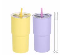 Yisituo Coffee Travel Mug, 2 Pack 480ml Reusable Plastic Cups, Drink Cups with Lids and Straws, Insulated for Hot & Cold Drinks, Car Cup Holder Compatible (2, Yellow, Purple)