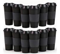 Yisituo Plastic Coffee Cups with Lids, 12 Pack 480ml Reusable Tumblers for Adults, for Hot & Cold Drinks, Microwaveable Travel Mugs (12, Black)