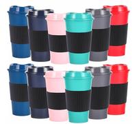 Yisituo Plastic Coffee Cups with Lids, 12 Pack 480ml Reusable Tumblers for Adults, for Hot & Cold Drinks, Microwaveable Travel Mugs (12, Vivid)
