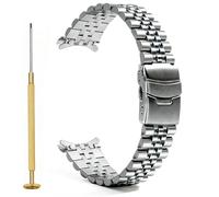 YISIWERA Stainless Steel Curved End Watch Band Replacement Double FlipLock Buckle Metal Watch Strap Bracelet for Men Women (5 Beads-Silver-Screw in, 20mm)