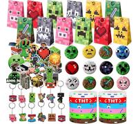 Yisound123 98 piece party bag filler set Miner Gaming Party Bag Fillers, Gamer Party Favours Gaming Keychain Party Bags Button Pins Stickers Miner Party Supplies Goodie Bag Fillers for Kids Boys