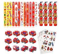Yisscen Fireman Toy Set, FiremanSamToysAndGames for Kids, Includes 12 Slap Bracelets, 12 Fire Extinguisher Toys, 12 Fire Truck Toys, 10 Tattoo Stickers