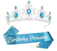YISSION Birthday Princess Tiara and Sash Set, Blue Rhinestone Silver Crown with Iridescent Glitter Sash, Birthday Girl Tiara for Women Girls, Sweet 16 Princess Party Decorations Gift