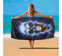 YISUMEI Lightning Skull Design Beach Towel, Adults Extra Large 180 x 90 cm, Microfibre Lightweight Quick Dry, Black with Blue Accents, For Swimming Pool Cruise Travel Sports Camping