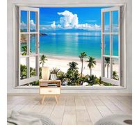 YISUMEI Ocean Beach Tapestry, Hawaii Sea Nature Fake Faux Window Art Tapestries Wall Hanging for Bedroom College Dorm Living Tropical Summer Room Office Decor(M/130x150cm/51x60inch)