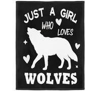 YISUMEI Wolf Fleece Throw Blanket, Just A Girl Who Loves Wolves Design, Gift for Girls Women Kids, 150 x 200 cm, Black