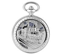 YISUYA Steampunk Running Locomotive Train Carving Pocket Watch Mechanical Hand Wind Fob Watches Silver