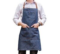 Yiswear Unisex adjustable multi pocket denim apron for Chef Kitchen BBQ and Studio, Blue, Small