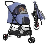 YITAHOME 15 kg Foldable Dog and Cat Stroller, Three Wheels, Mesh Window, Brakes, Iron Tubular Frame, Robust, Suitable for Pets Under Medium Size, Denim Blue
