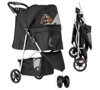 YITAHOME 15 kg Foldable Dog Stroller, Cat Stroller with 3 Wheels, Mesh Windows, Cup Holder, and Brakes, Suitable for Medium-Sized Pets Black
