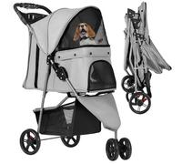 YITAHOME 15 kg Foldable Dog Stroller, Cat Stroller with 3 Wheels, Mesh Windows, Cup Holder, and Brakes, Suitable for Medium-Sized Light Gray