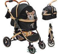 YITAHOME 3-in-1 Pet Stroller, One-Click Foldable Cat & Dog Stroller, Pushchair, Pram with Detachable Carrier, Storage Basket, Cup Holder, Removable Hanging Bag, Car Seat, Buggy (Black)