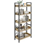 YITAHOME 5-Tier Bookshelf, 64cm Width Wood and Metal Industrial Bookcase | Oak Book Shelf with 4 Hooks, Shelf Shelving Unit, Metal Frame Display Rack for Home Living Room Bedroom Office Storage