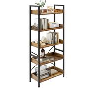 YITAHOME 5-Tier Bookshelf, 64cm Width Wood and Metal Industrial Bookcase | Rustic Brown Book Shelf with 4 Hooks, Shelf Shelving Unit, Metal Frame Display Rack for Home Living Room Bedroom Office