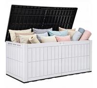 YITAHOME 833L Large Outdoor Garden Storage Box, Waterproof Resin Deck Box with Lock & Hydraulic Piston, 3-Person Bench Seat for Patio Cushions & Garden Tools, UV-Resistant & Weatherproof, Black-White