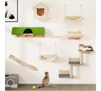 YITAHOME Cat Climbing Wall Set, Sturdy Wooden Cats Furniture, 7-PCS Shelves with House, Hanging Bridge, Stairs, Hammock, and Scratching Post for Sleeping, Playing, and Resting