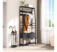 YITAHOME Coat Rack, 6-in-1 Hall Tree with 2 Drawers Floorstanding Coat Stand with Shoe Storage Wood and Matel Clothes Rail with 8 Hooks, for Hallway Living Room Entryway Bedroom, Black