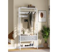 YITAHOME Coat Rack Stand with Shoe Storage, Floorstanding Hall Tree with Bench & 2 Foldable Drawers, Industrial Coat Stands with 8 Hooks for Hallway Living Room Bedroom, Metal Frame, White