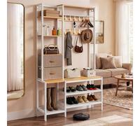 YITAHOME Coat Rack Stand with Shoe Storage, Freestanding Hallway Unit with 2 Shelves, Industrial Coat Stand with 9 Hooks for Hallway Living Room Bedroom, Metal Frame, Yellow