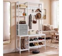YITAHOME Coat Rack Stand with Shoe Storage, Freestanding Hallway Unit with 2 Shelves, Industrial Coat Stand with 9 Hooks for Hallway Living Room Bedroom, Metal Frame, White