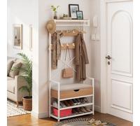 YITAHOME Coat Stand Shoe Rack Bench, Hallway Storage Unit 10 Hooks White