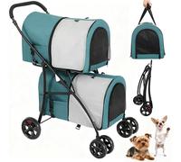 YITAHOME Double-Decker Dog Stroller, Pet Buggy, Capacity Up to 30kg, Foldable Dog Carrier with Mesh Windows, Cat Pushchair for Two Dogs and Cats Dark Green & Gray