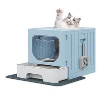 YITAHOME Foldable Cat Litter Box with Lid, Litter Tray with Litter Mat & Scoop, Top Exit & Slide-Out Tray for Large Cat and Kitten, Odor-Controlling, Anti-Spillage & Easy Clean (Blue)