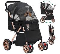 YITAHOME Foldable Dog Stroller for Small Middle Dogs, Pet Buggy with Reversible Handle, Mesh Windows, Cup Holder, 360° Rotating EVA Wheels with Brakes (Black)
