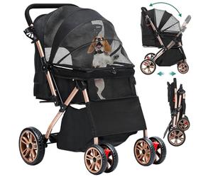 YITAHOME Foldable Dog Stroller for Small Middle Dogs, Pet Buggy with Reversible Handle, Mesh Windows, Cup Holder, 360° Rotating EVA Wheels with Brakes (Black)