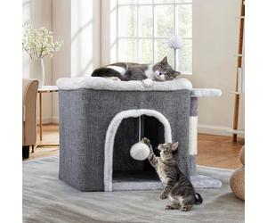 YITAHOME Indoor Cat House, Foldable Cat Cave, 47 L x 40 W x 32 H cm Large Pet Beds with Scratching Board and Play Ball Cave Cat Barrel for Medium Large Pets