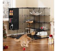 YITAHOME Large Cat Cage with Storage Cube, DIY Indoor Catio Cat Enclosures Metal Cat Playpen with Large Hammock for 1-4 Cats, 4-Tiers Cat Kennel for Cats, Bunny, Chinchilla, Black, 140 x 140 x 140 cm
