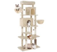 YITAHOME Large Cat Scratching Post, Height 176 cm, XL Cat Tree, Multi-Tier Cat Scratching Post with 2 Caves, 2 Baskets, Hammock, Plush Balls, Cat Brushes, Beige