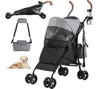 YITAHOME Pet Stroller for Small to Medium Dogs, 4-Wheel Dog Pushchair with Shoulder Straps, Folding Pet Travel Carriage with Cup Holder & Storage Bag (Grey Black)