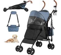 YITAHOME Pet Stroller for Small to Medium Dogs, 4-Wheel Dog Pushchair with Shoulder Straps, Folding Pet Travel Carriage with Cup Holder & Storage Bag (Blue Black)