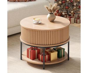 YITAHOME Round Coffee Table, Coffee Table with 2-Tier Storage Space, Fluted Cof