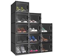 YITAHOME Shoe Box,12Pcs Stackable Shoe Containers,35.1 x 24.9 x 18.5cm,Fit up to UK Size 11,Medium Size Shoe Storage,Non-toxic Plastic Drop Front Shoe Organisers,Black Shoe Storage Box