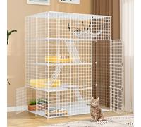YITAHOME Spacious 4-Tier Cat Enclosure, Indoor Metal Wire Kennel With 4 Access Doors, 3 Ladders, DIY Playpen Catio With Large Hammock, Suitable for 1-3 Cats, Bunnies, White, 107x72x142cm