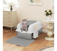 YITAHOME Stainless Steel Cat Litter Tray with Litter Tray Mat, 60x40x30cm XXL Large Enclosed Metal Litter Box with Scoop, Non-Slip Bottom, Higher Sides Anti-Leakage, Non-Sticky, Cat Toilet (Grey)