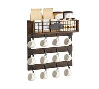 YITAHOME Wall-Mounted Mug Holder with 12 Hooks, Metal Storage Shelf with Guardrail, Rustic Black Cup Organizer for Kitchen, Dining Room, and Coffee Bar