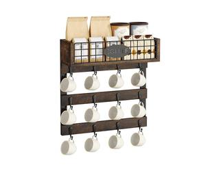 YITAHOME Wall-Mounted Mug Holder with 12 Hooks, Metal Storage Shelf with Guardrail, Rustic Black Cup Organizer for Kitchen, Dining Room, and Coffee Bar