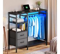 YITAHOME Wardrobe Chest of Drawers with Hanging Rail 120cm Black | Open Fabric Hall Tree with RGB LED Light USB Power Strip Bedroom Storage Shoe Rack Shelves Freestanding Anti-Tip
